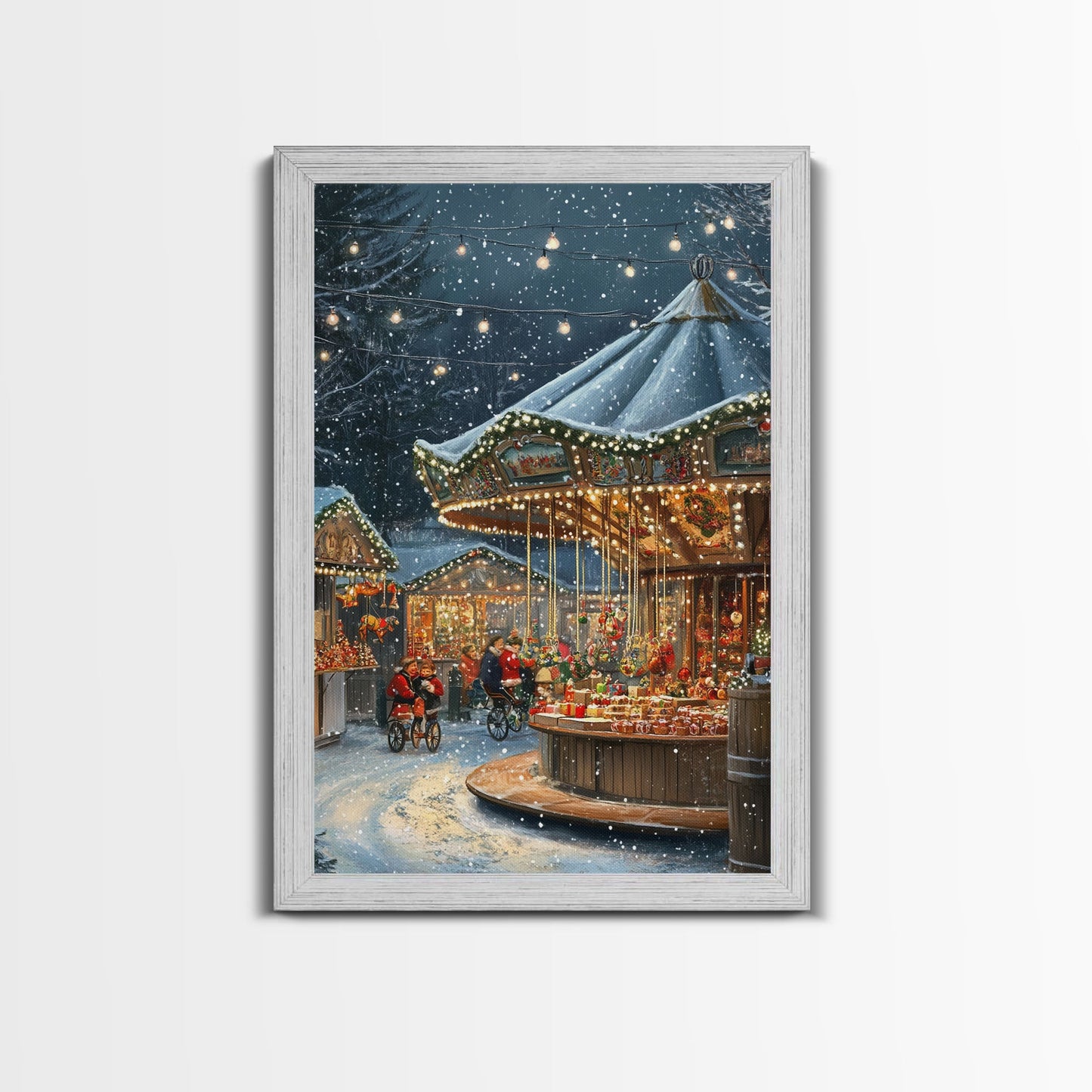 Christmas Carousel at a Snowy Night Market with Festive Lights and Ornaments, Framed Canvas Print for Christmas Wall Decor