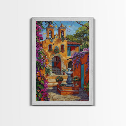 Bright Mexican Style Tall Art Framed Canvas Print Depicting Ornate Blue Door And Rustic Courtyard