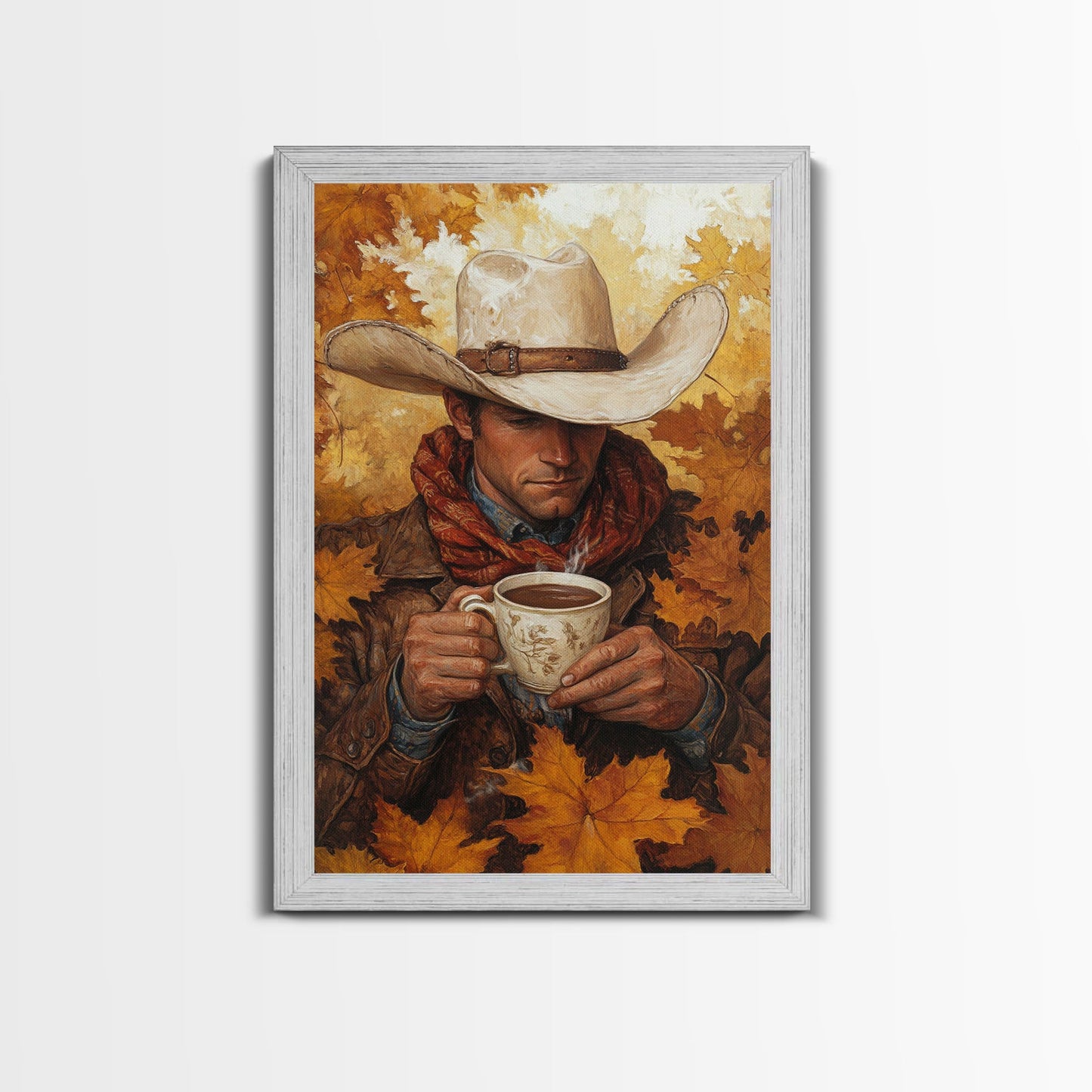 Cowboy Holding Hot Drink Framed Canvas Print - Moody Winter Landscape Art Perfect 2024 Christmas Wall Decor