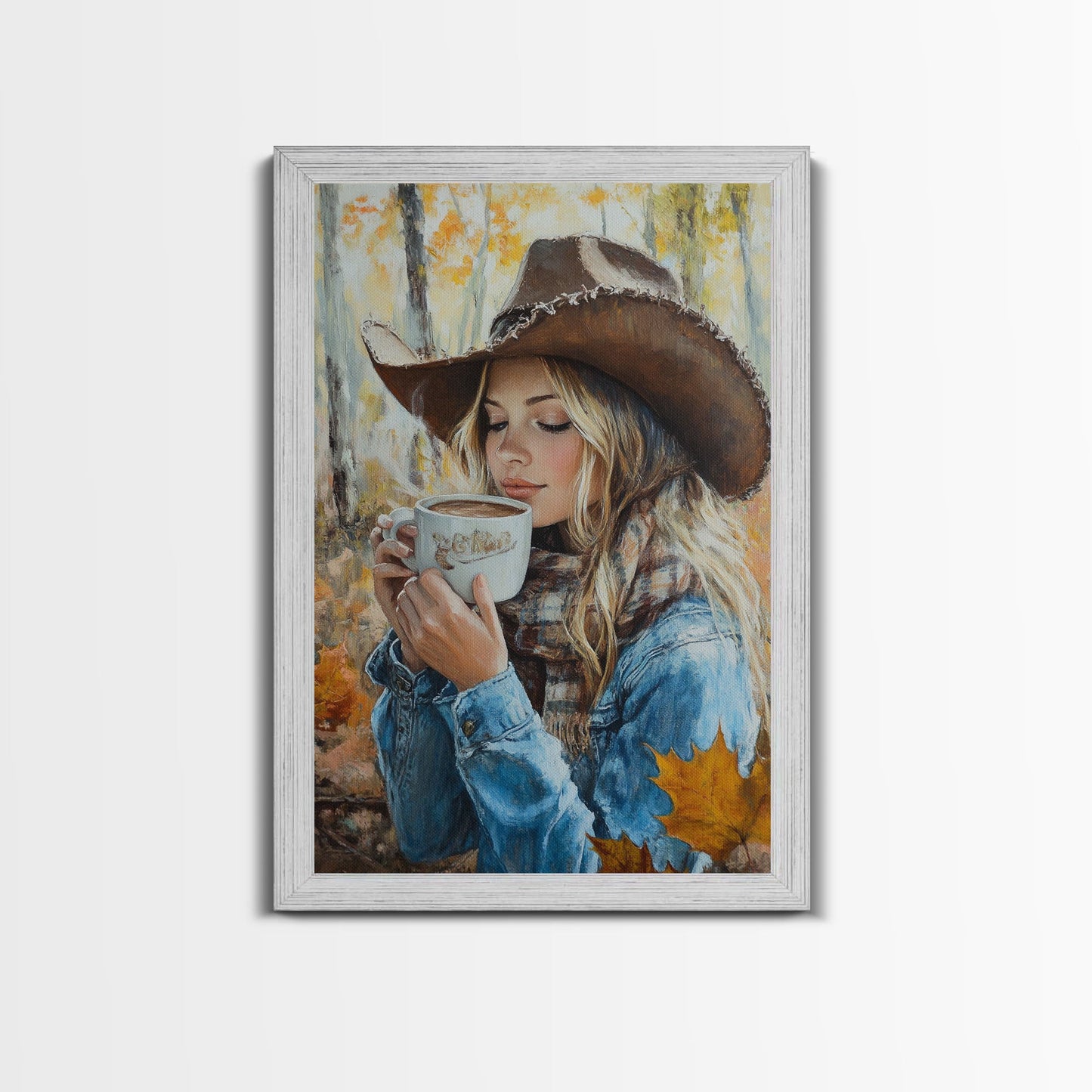 Fall-themed farmhouse framed canvas print a woman with coffee amidst autumn leaves ideal harvest home decor or seasonal wall art gift idea