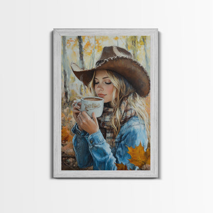 Fall-themed farmhouse framed canvas print a woman with coffee amidst autumn leaves ideal harvest home decor or seasonal wall art gift idea