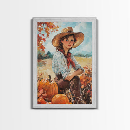 Country fall harvest framed canvas print pumpkins and a serene autumn landscape perfect seasonal wall art for rustic farmhouse home decor