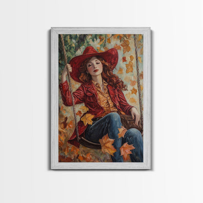 Fall Cowgirl Enjoying Her Swing, Framed Canvas Print, Autumn Decor, Cute Wall Art Gift Idea