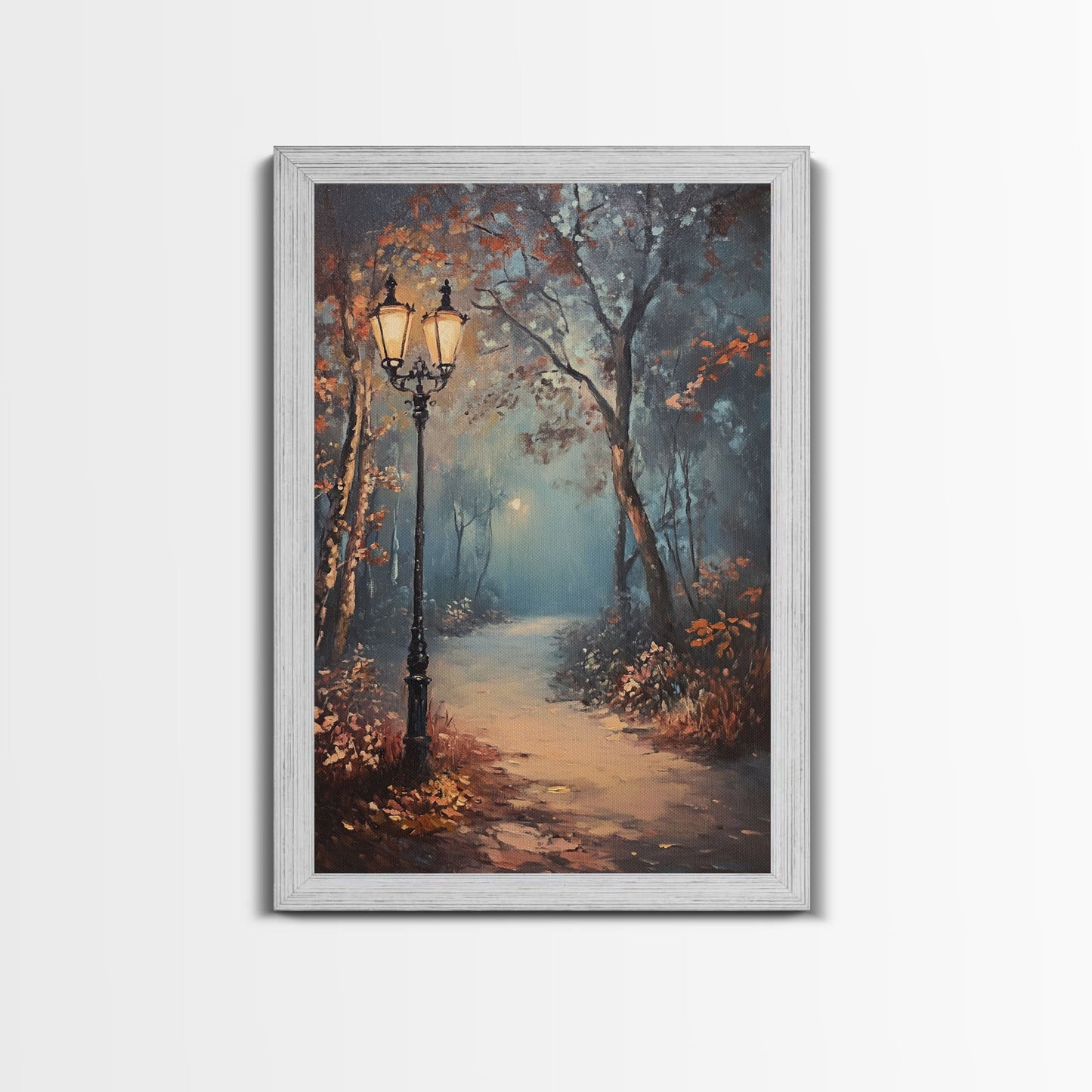 Spooky Street Lights In The City Park, Framed Canvas Print, Wood Framed Wall Art, Fall Decor, Holiday Decor, Seasonal Gift Idea