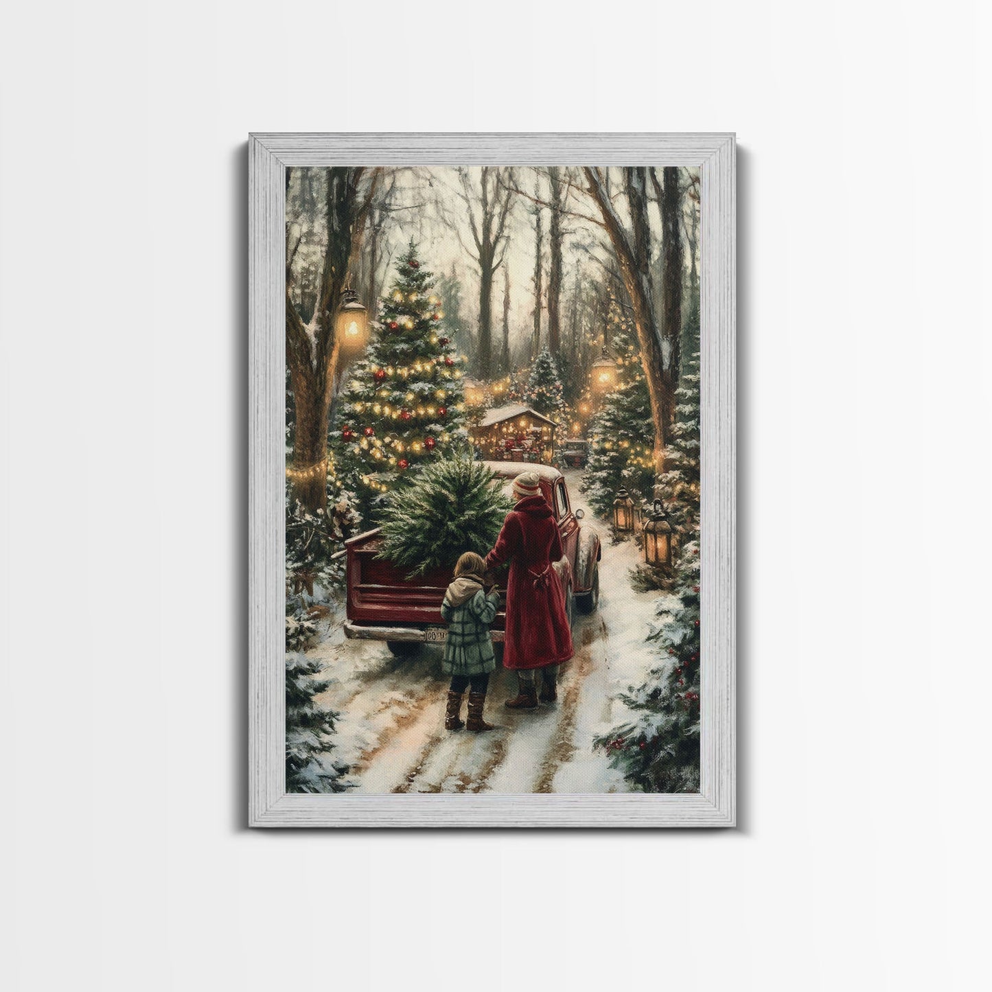 Rustic Christmas Tree Farm with Red Truck in Snowy Forest, Ideal Farmhouse Christmas Decor for Holiday Wall Art, Framed Canvas Print