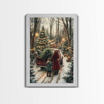 Rustic Christmas Tree Farm with Red Truck in Snowy Forest, Ideal Farmhouse Christmas Decor for Holiday Wall Art, Framed Canvas Print