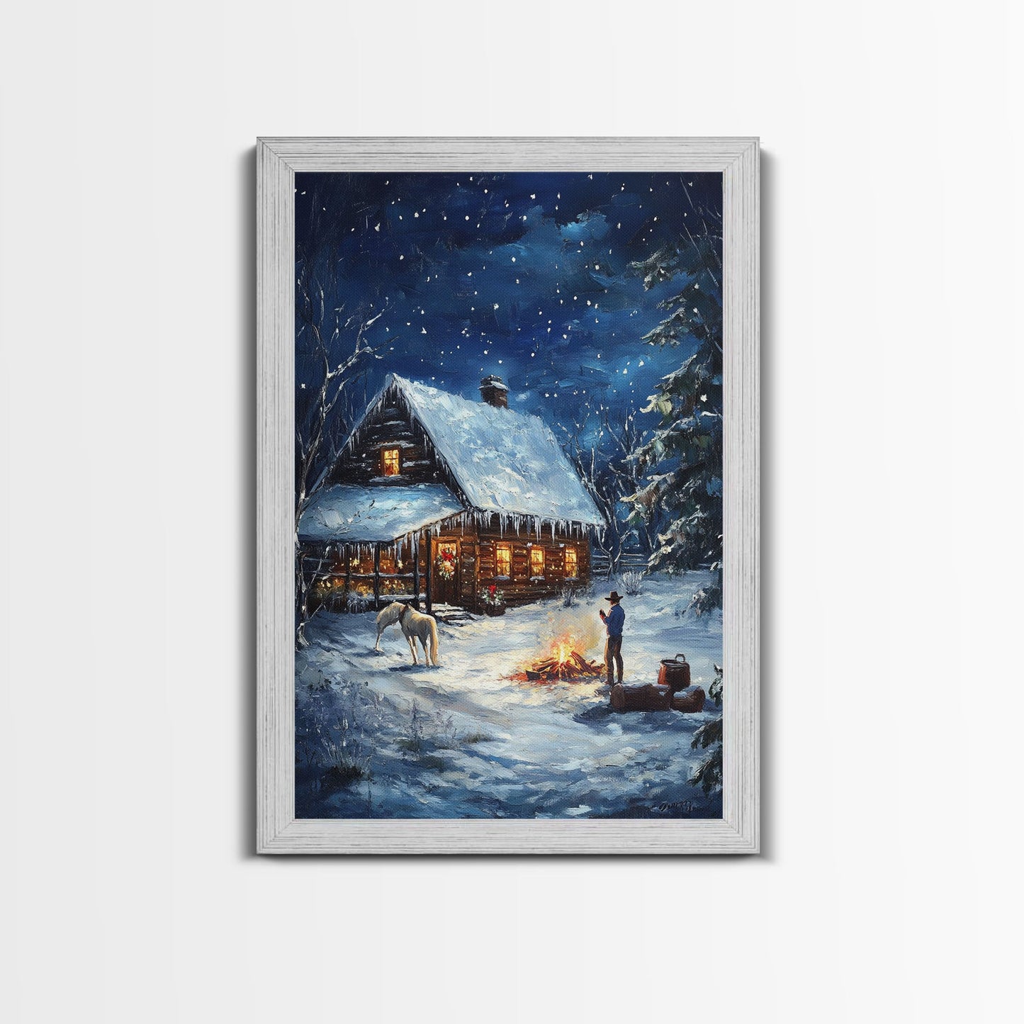 Cowboy Christmas by the Fire Framed Canvas Print, Western Holiday Decor with Snowy Cabin, Cozy Art Perfect for Rustic Christmas Winter Decor