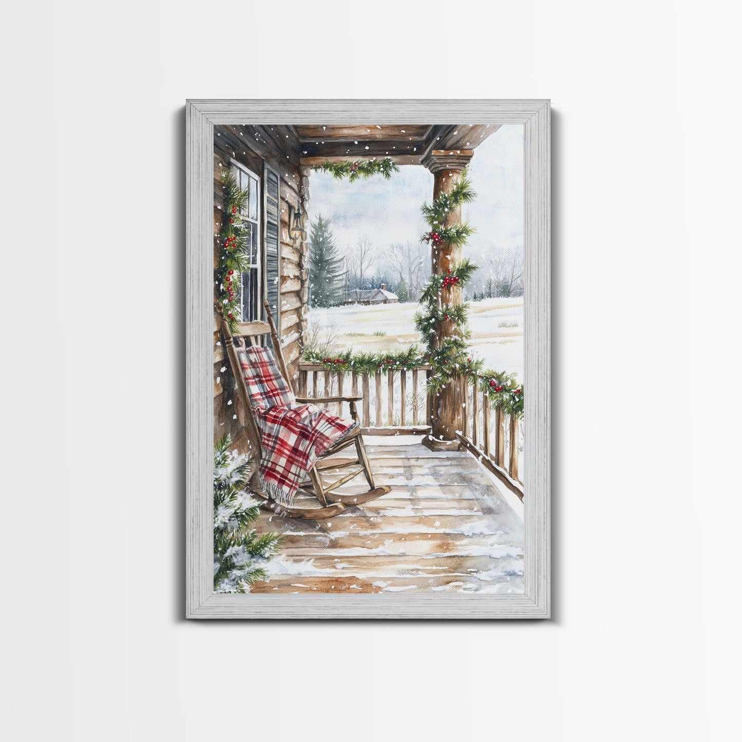Farmhouse porch decorated with garland and cozy rocking chair, Framed Canvas Print winter decor idea for rustic home Christmas wall art