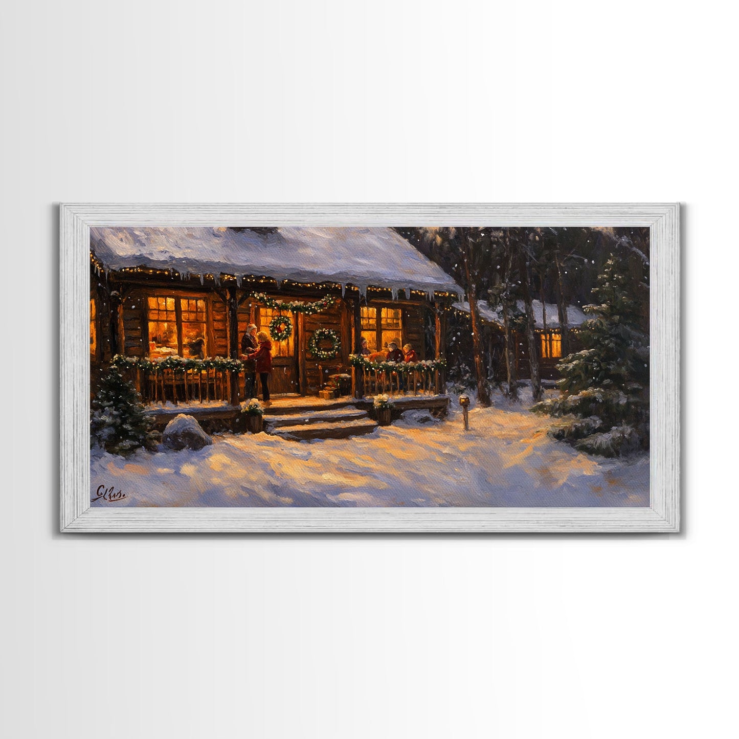Festive Log Cabin Winter Scene Framed Canvas Print Christmas Wall Art, Rustic Holiday Art, Cozy Christmas Scene, Seasonal Wall Decor Gift