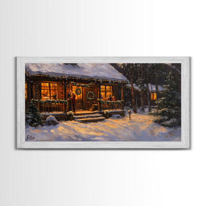 Festive Log Cabin Winter Scene Framed Canvas Print Christmas Wall Art, Rustic Holiday Art, Cozy Christmas Scene, Seasonal Wall Decor Gift