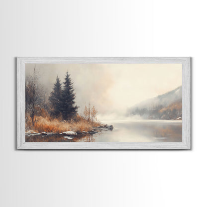 Fall On The River, Framed Canvas Print, Beautiful Watercolor Painting Of an Autumn Landscape, Ready To Hang Seasonal Decor