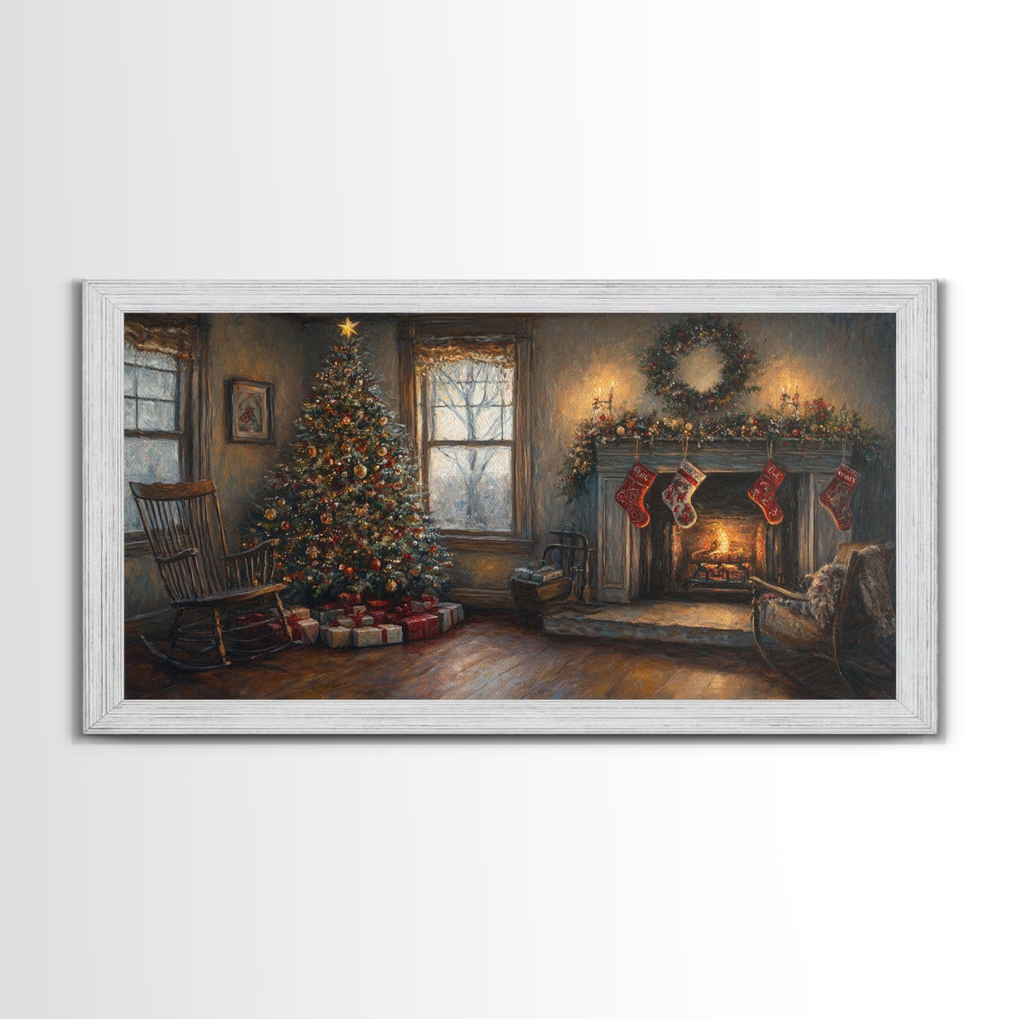 Traditional Christmas Living Room Framed Canvas Print with Tree and Stockings, Rustic Christmas Decor, Best Holiday Gift Wall Art