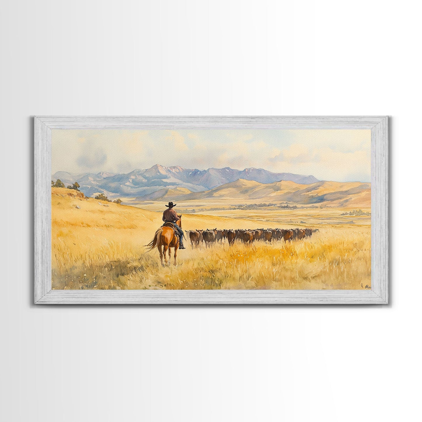 Cowboy On Snowy Path Framed Canvas Print Tall Art Winter Wonderland Western Christmas Decor Rustic Winter Wall Art Gift Cowboy Holiday Gift