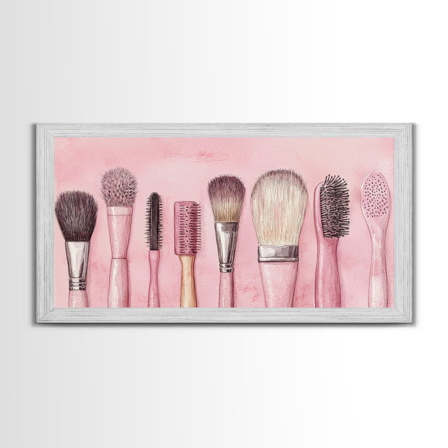 Makeup Brush Art Framed Canvas Print, Light Pink Chinoiserie Wall Art Whimsical Decor, Minimalist Art Rustic Wall Gift Idea
