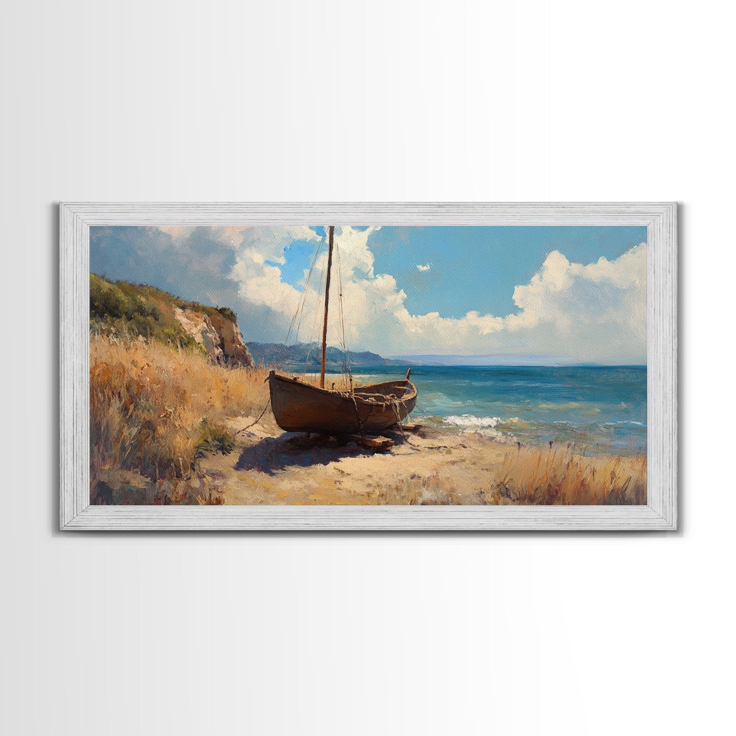 Rustic Sailboat Framed Canvas Print Nautical Wall Art Coastal Landscape Art Barn Landscape Oil Painting Rustic Decor Above Sofa Art