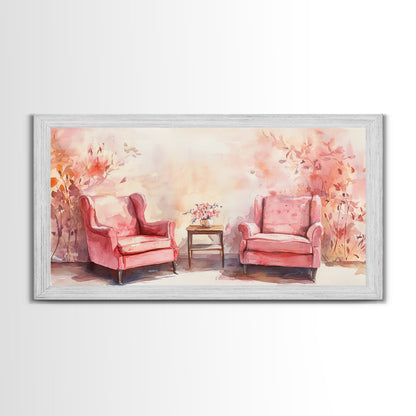 Cozy Pink Living Room Canvas Print with Chairs and Floral Decor, Perfect Rustic Wall Art for Fall or Above Couch Decor, Farmhouse Style
