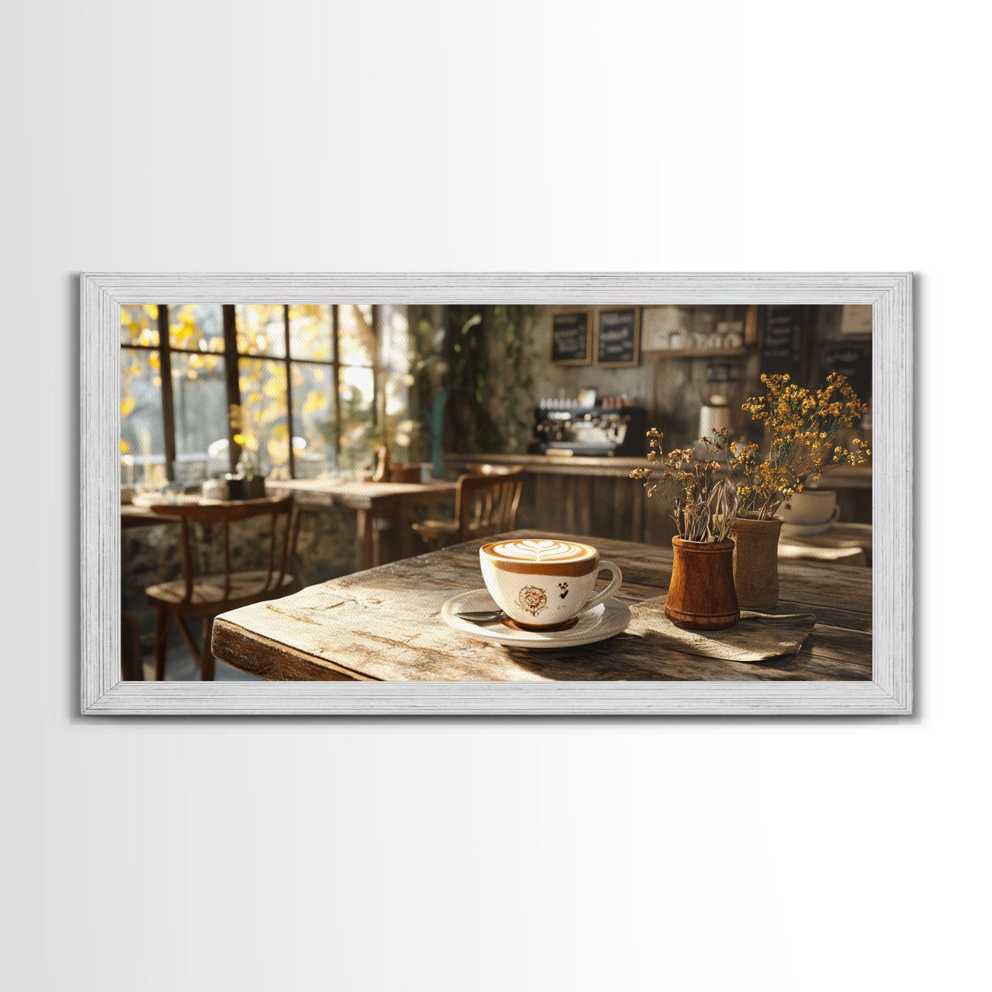 Cozy Cafe Latte Framed Canvas Print - Coffee Wall Art Kitchen Decor - Rustic Farmhouse Style Food Review Art - Gift Idea Her