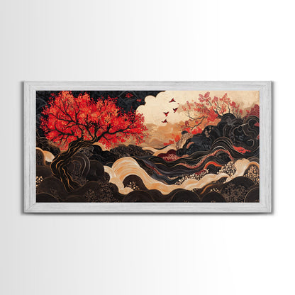 Japanese Inspired Framed Canvas Print Featuring Chinoiserie Wall Art and Autumn Tree Painting Unique Horizontal Living Room Art