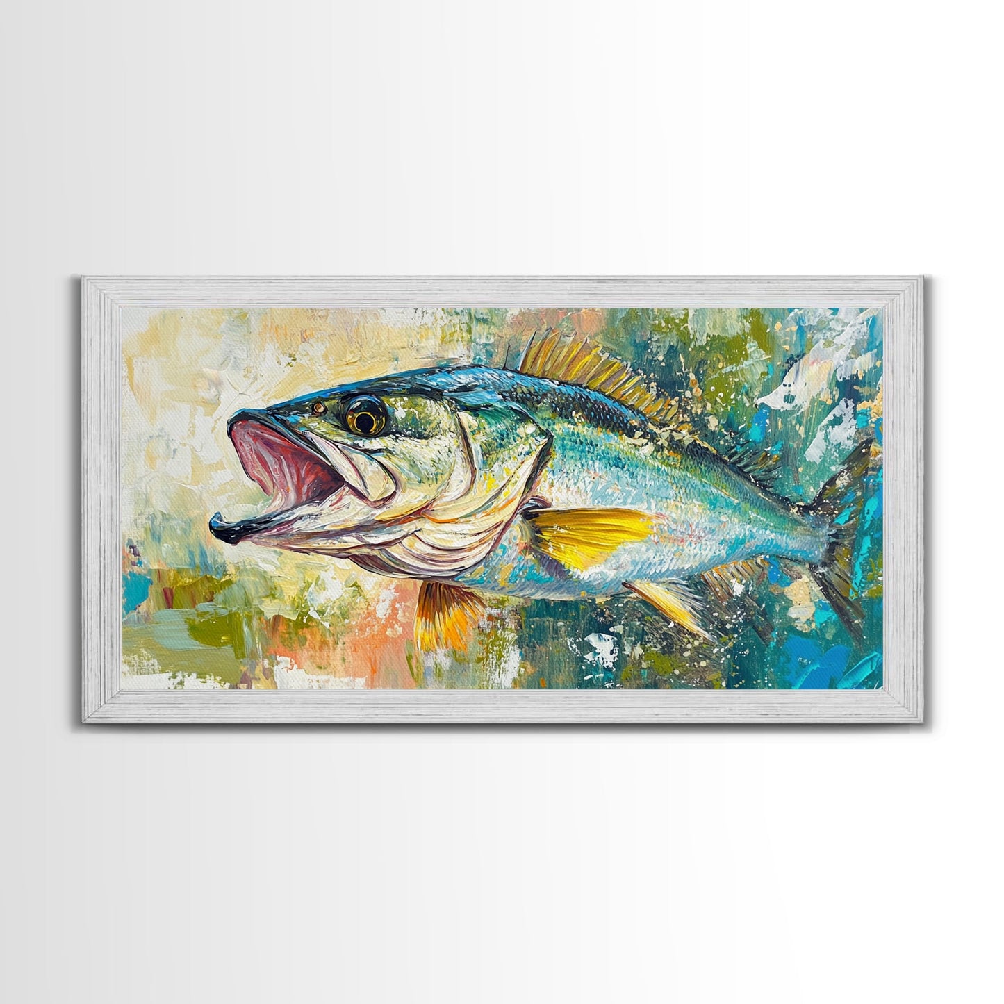 Fish Painting, Coastal Wall Art, Nautical Decor, Wildlife Painting, Fly Fishing Art, Extra Wide Art, Framed Canvas Print, Above Couch Art