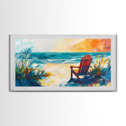 Beach Chair, Coastal Painting, Nautical Wall Art, Ocean Painting, Seascape Painting, Framed Canvas Print, Extra Wide Art, Coastal Decor