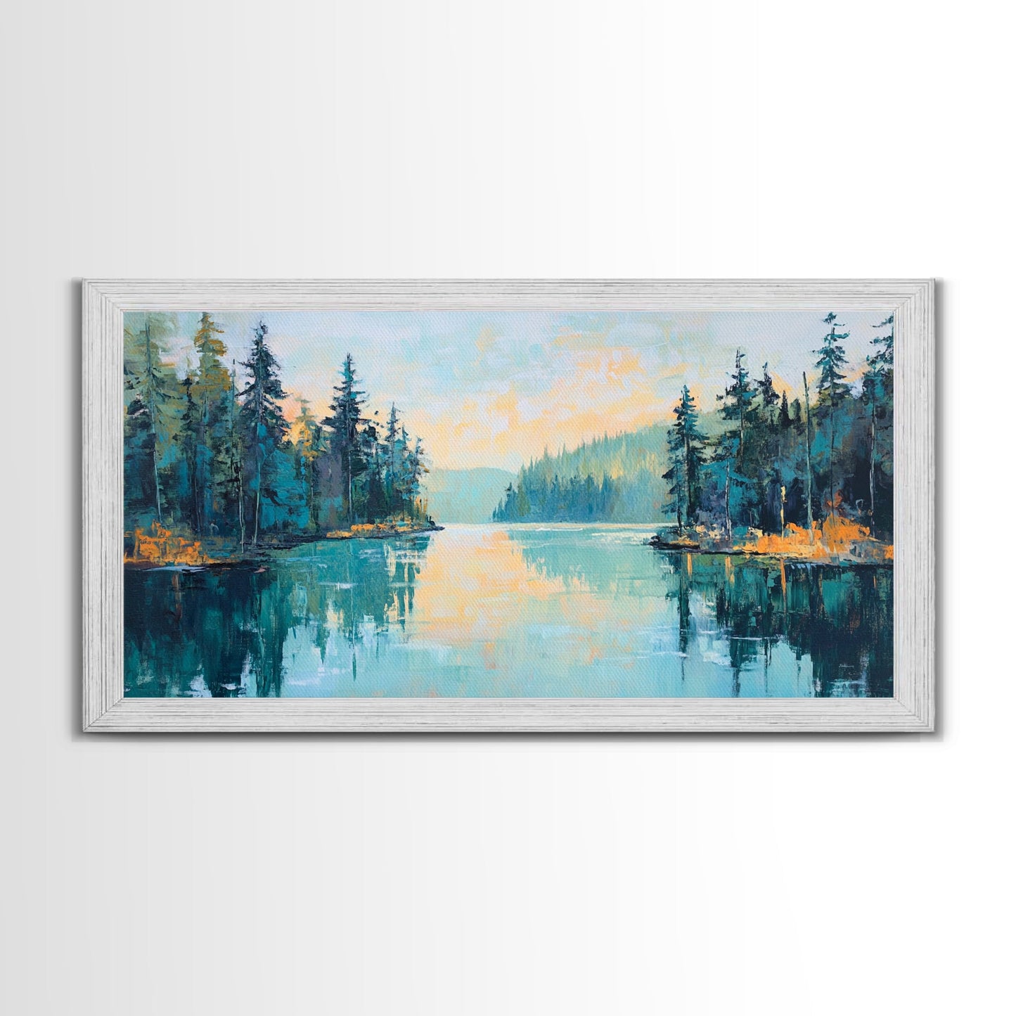 Tranquil Lake, pine tree art, landscape painting, smoky mountain art, panoramic painting, nature painting, Framed Canvas Print