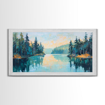 Tranquil Lake, pine tree art, landscape painting, smoky mountain art, panoramic painting, nature painting, Framed Canvas Print