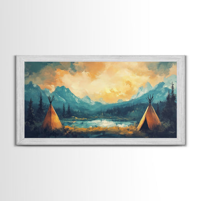 Teepee Camp, southwest wall art, landscape painting, mountain painting, rustic decor, moody art, Framed Canvas Print, panoramic painting