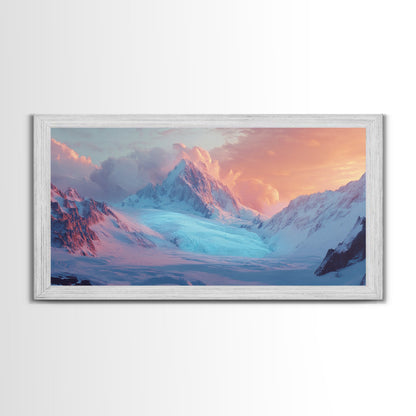 Snowy Mountain Scene, Landscape Painting, Moody Art, Extra Wide Art, Framed Canvas Print, Winter Decor, Bedroom Art
