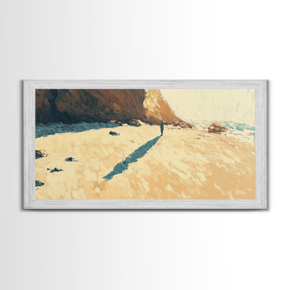 Lone Beach Wanderer, Framed Canvas Print, landscape painting, moody art, wabi sabi wall art, extra wide art, above bed wall art