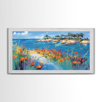 Coastal Poppies, Framed Canvas Print, California poppy art, coastal painting, wildflower painting, seascape art, above bed wall art