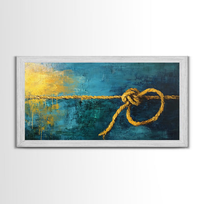 Nautical Knot, coastal wall art, rustic decor, blue and green wall art, ocean painting, framed canvas print, extra wide art