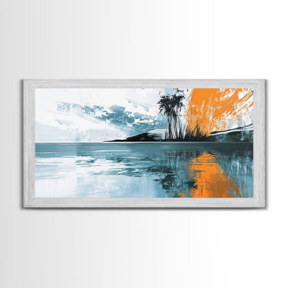Palm Reflection, tropical coastal art, framed canvas print, coastal cowgirl wall art, panoramic painting, modern abstract art