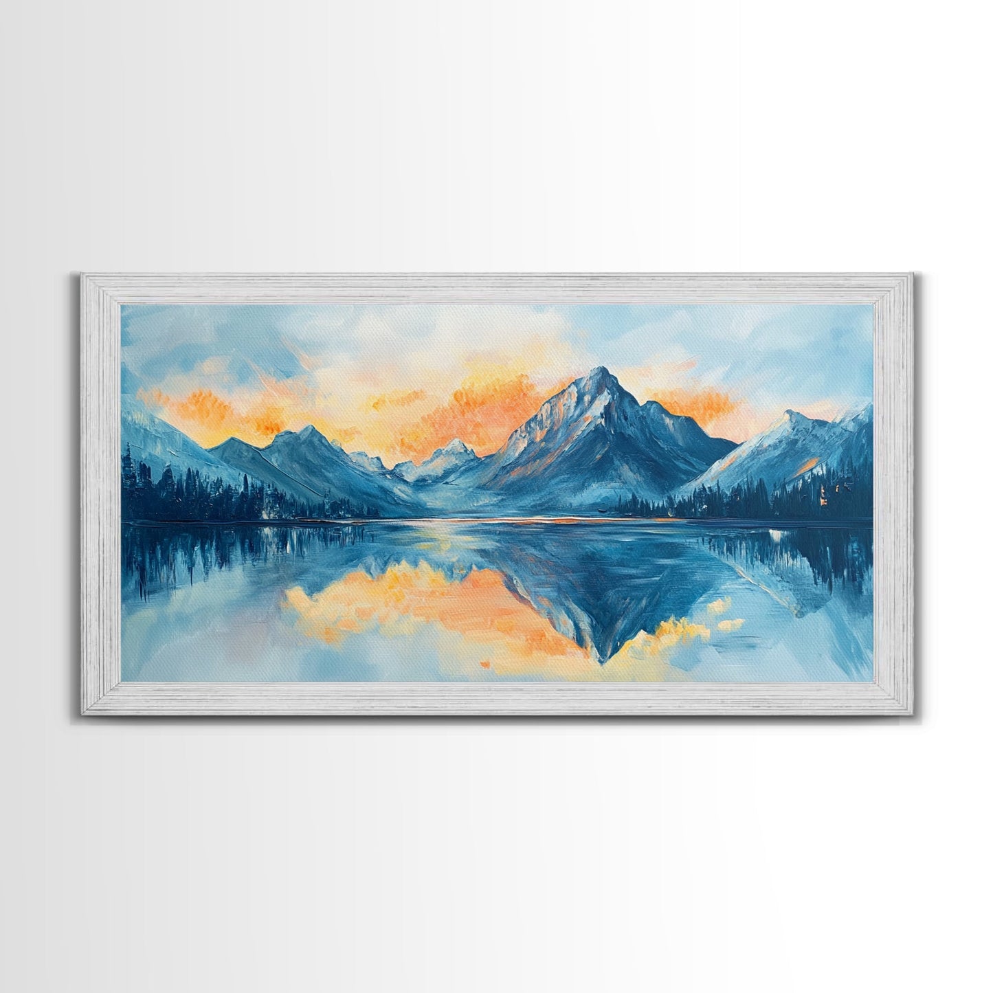 Lake Reflection, Sunset Mountains, Panoramic Art, Framed Canvas Print, Mountain Painting, Lake Art, Horizontal Wall Art, Bedroom Art