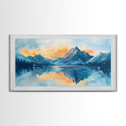 Lake Reflection, Sunset Mountains, Panoramic Art, Framed Canvas Print, Mountain Painting, Lake Art, Horizontal Wall Art, Bedroom Art