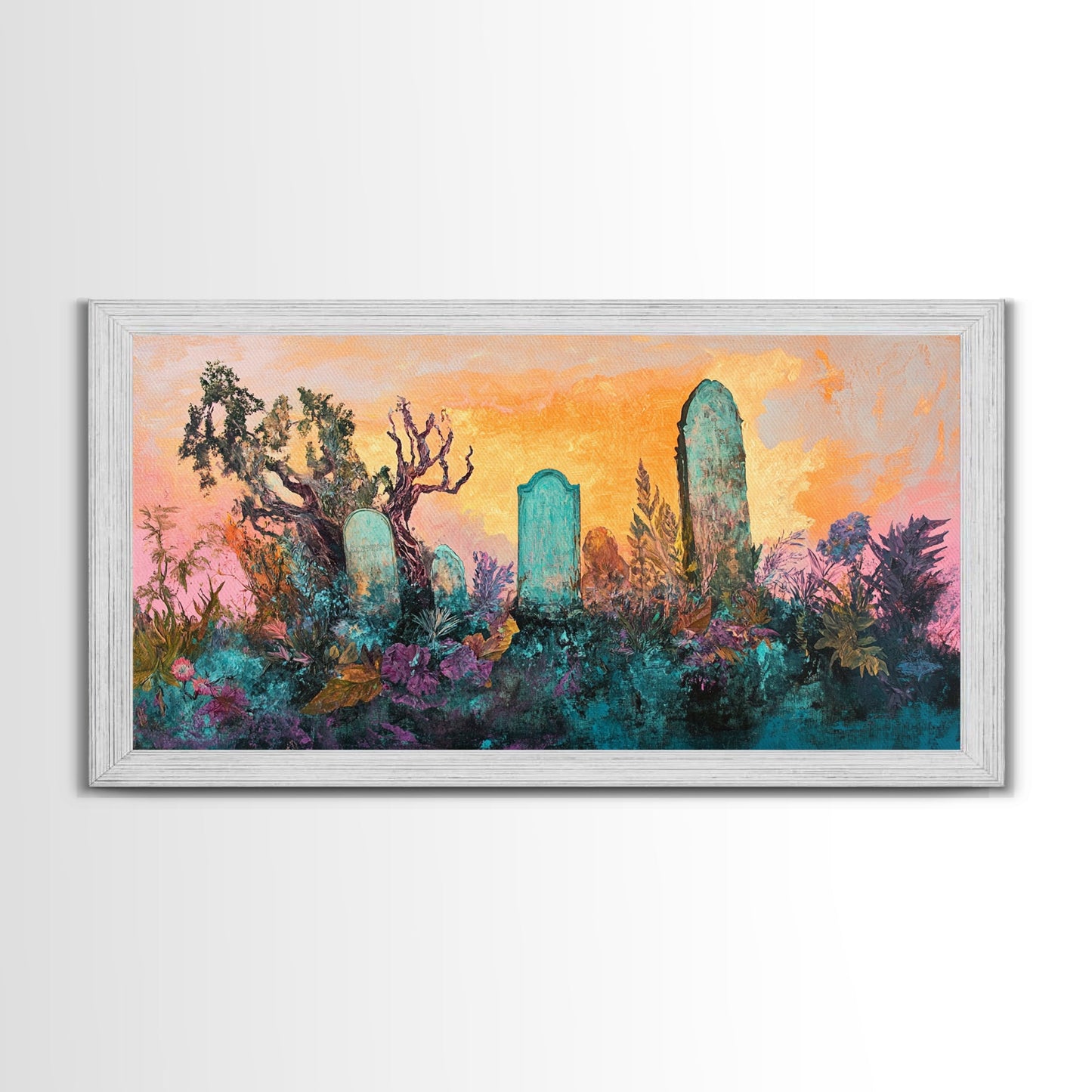 Dark romance painting, gothic art, framed canvas print, extra wide art, Halloween decor, whimsical art, spooky graveyard painting