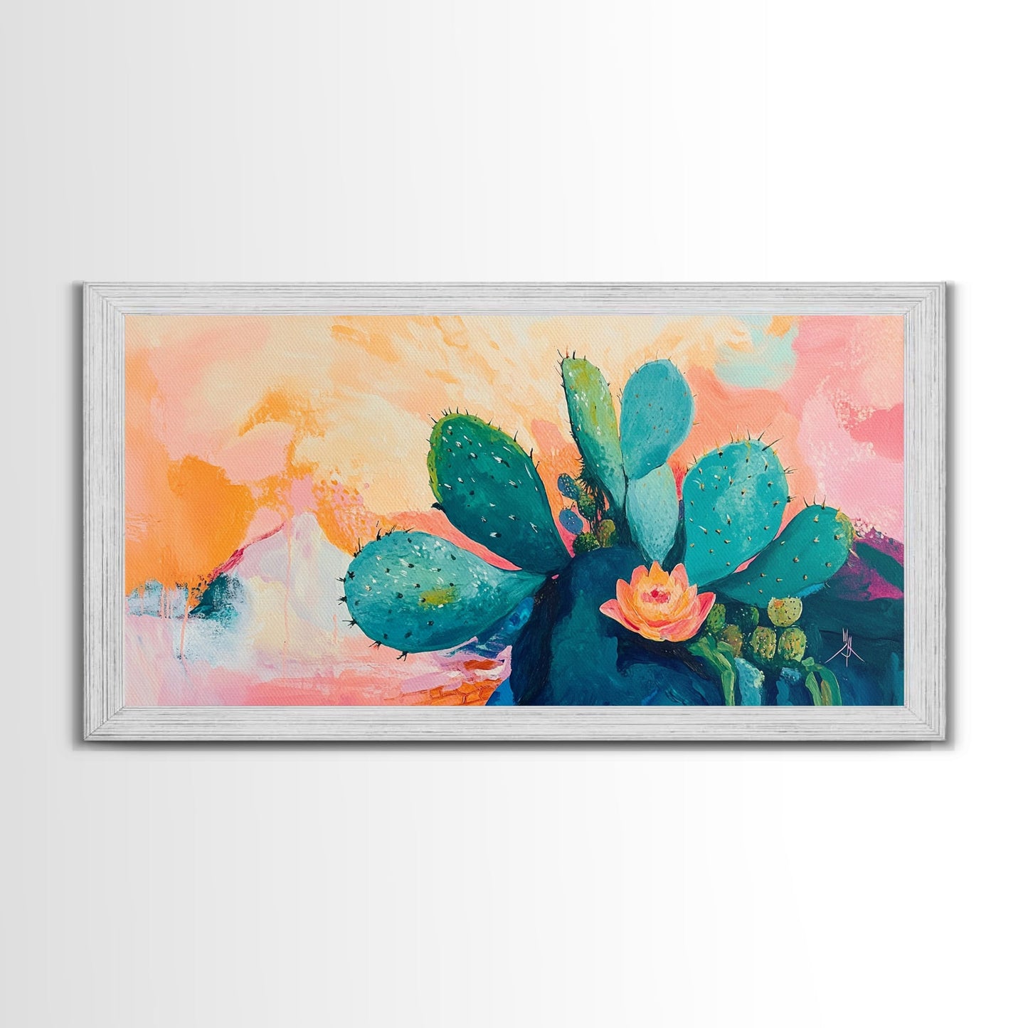 Prickly Pear Cactus, agave painting, southwest wall art, boho art, pink orange wall art, extra wide art, Framed Canvas Print