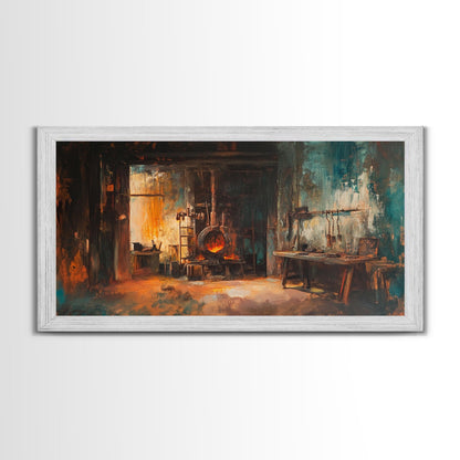 Rustic forge, blacksmith, industrial art, dark romance painting, vintage art, moody art, framed canvas print, horizontal wall art, gift idea