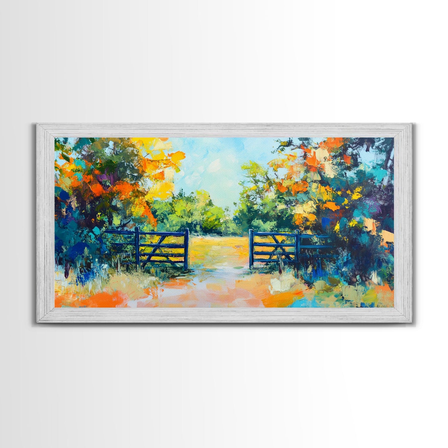 Open Gate, countryside painting, landscape art, framed canvas print, autumn wall art, farmhouse decor, rustic art, extra wide art