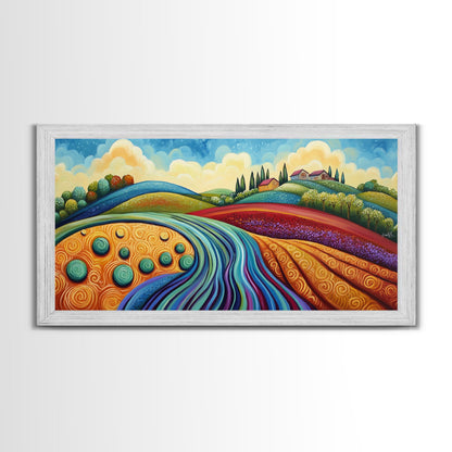 Whimsical Hills, rolling landscape, colorful fields, abstract nature, bold painting, extra wide art, Framed Canvas Print, rustic art