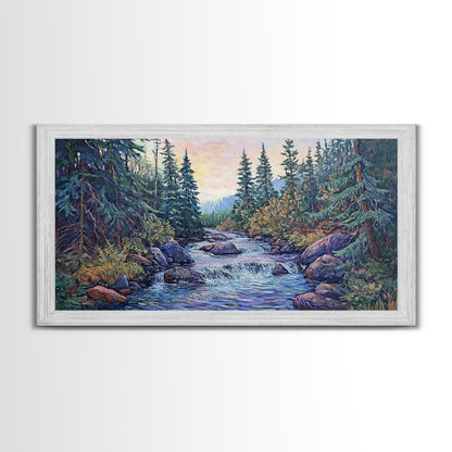 Forest River Scene, pine tree art, mountain painting, landscape painting, smoky mountain art, rustic decor, Framed Canvas Print