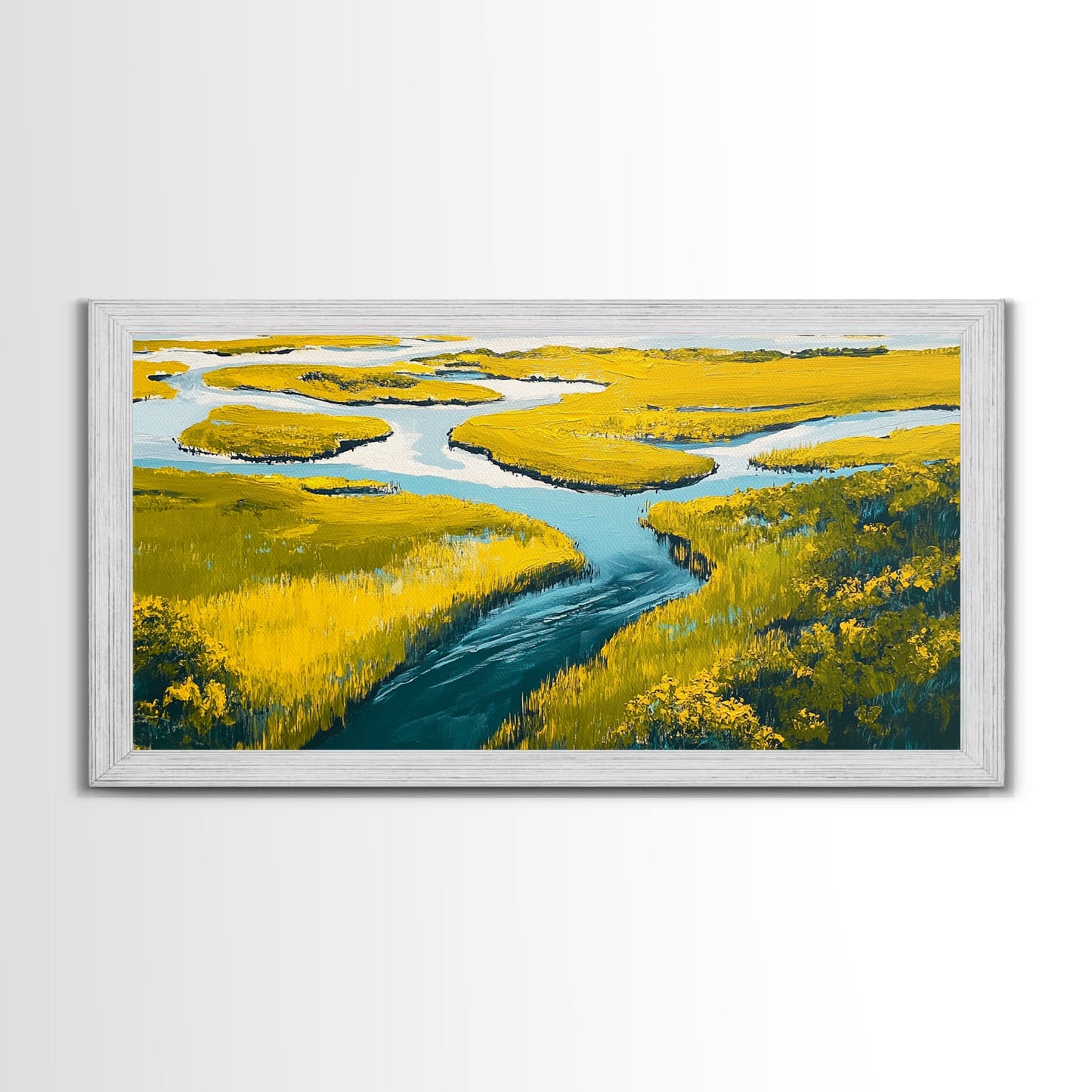 Marshland Landscape, marsh painting, landscape painting, above sofa art, extra wide art, panoramic art, Framed Canvas Print
