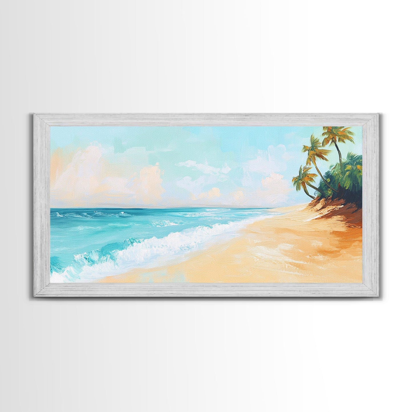 Tropical Beach, Coastal Landscape Art, Nautical Decor, Coastal Cowgirl Wall Art, Framed Canvas Print, Blue and Green Wall Art