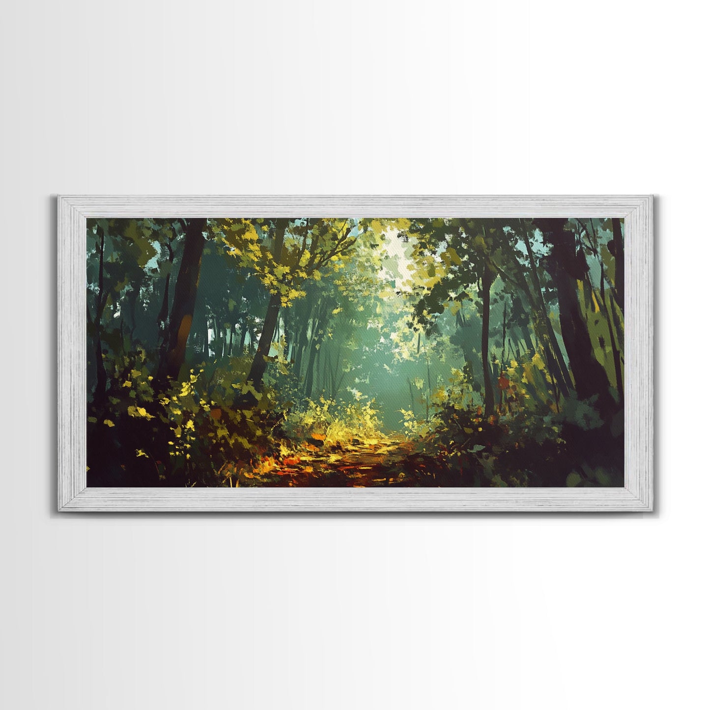 Forest Path, Sunlit Trees, Green Wall Art, Nature Landscape, Panoramic Painting, Rustic Wall Art, Framed Canvas Print