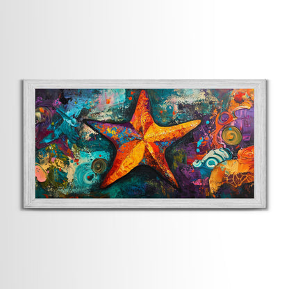 Vibrant starfish, coastal abstract, nautical decor, framed canvas print, ocean painting, coastal painting, whimsical art