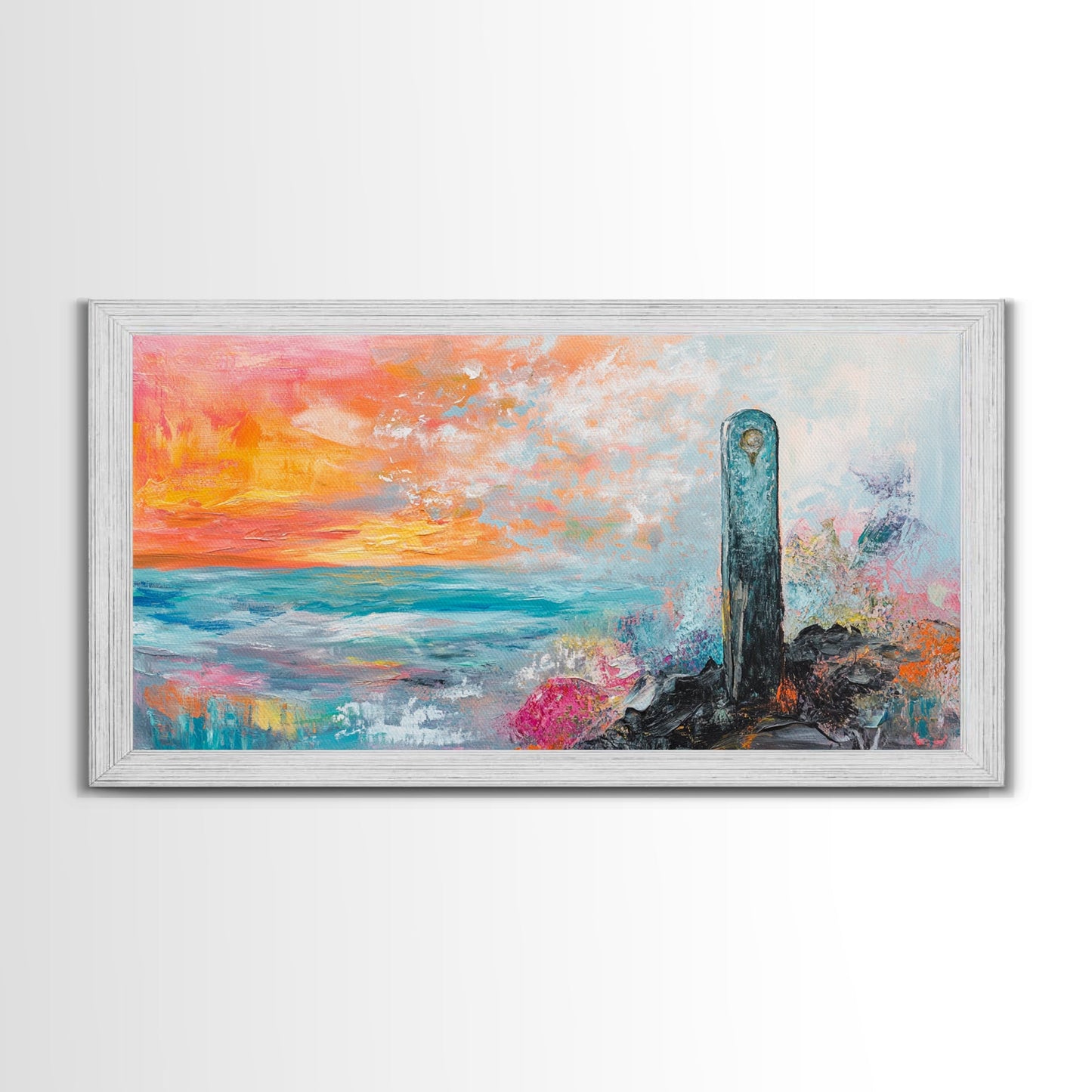 Sunset Over Ocean, pink orange wall art, coastal wall art, abstract seascape, vibrant landscape painting, Framed Canvas Print