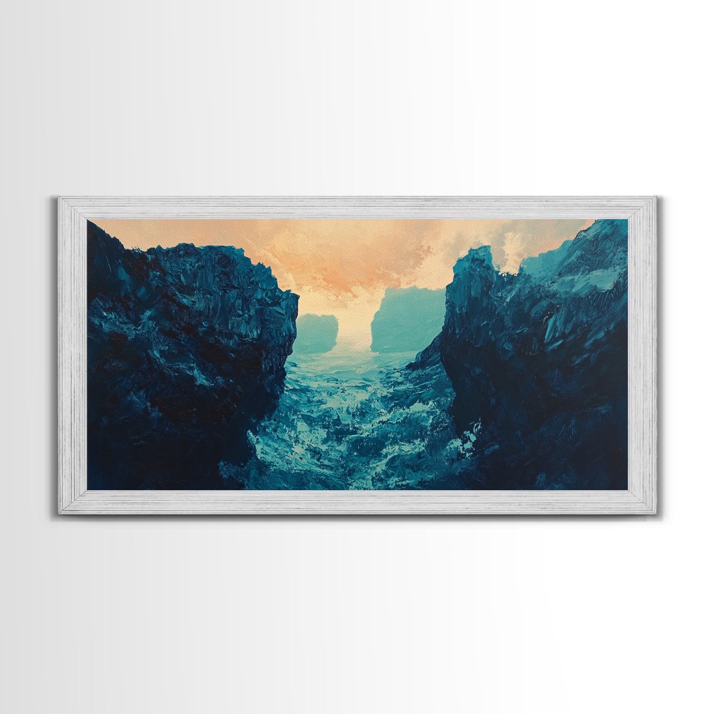 Moody Landscape, dramatic canyon, abstract oil painting, blue and green wall art, panoramic art, Framed Canvas Print, extra wide art