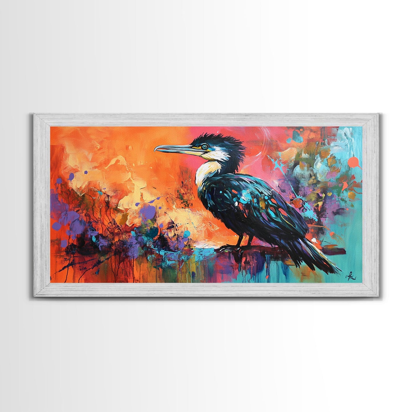 Colorful Bird, bird art, whimsical art, teal wall art, abstract wildlife painting, vibrant decor, boho art, Framed Canvas Print