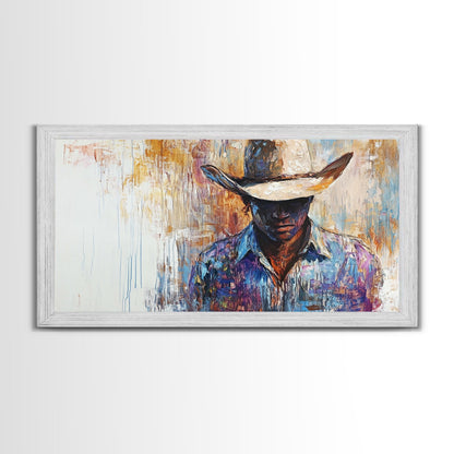 Western Cowboy, black cowgirl painting, rustic wall art, moody art, textured painting, cowboy hat art, farmhouse decor, Canvas Print