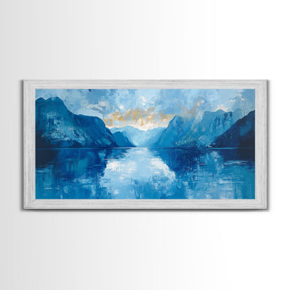 Fjord Painting, Blue and Green Wall Art, Lake Tahoe Art, Nautical Wall Art, Extra Wide Art, Panoramic Painting, Framed Canvas Print