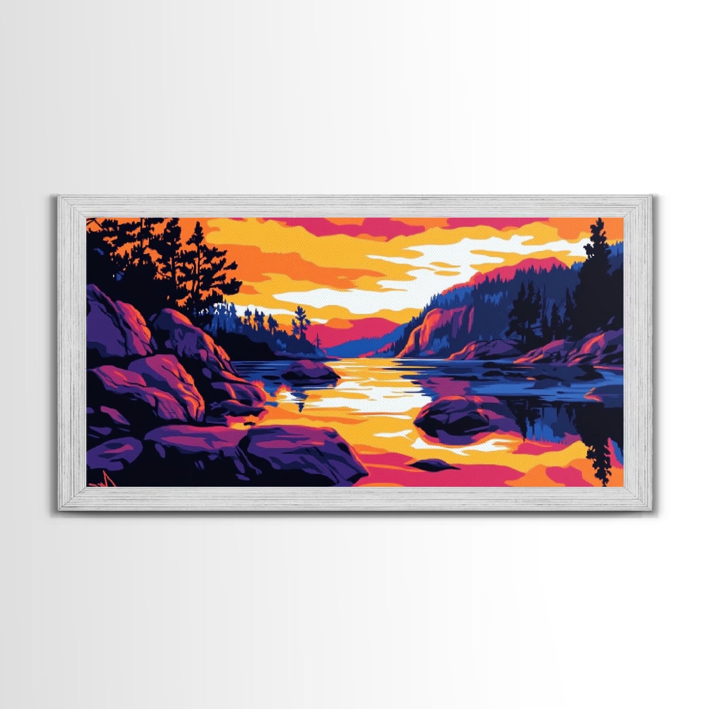 Golden Sunset, Rocky River, Mountain Reflection, Canvas Print, Rustic Lodge Wall Art, Autumn Home Decor, Warm Nature Painting, Colorful Art